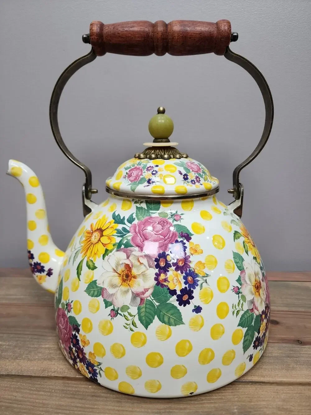 Mackenzie-Childs Buttercup 5 Qt Enamel Tea Kettle Large Floral Polka Dot Vintage